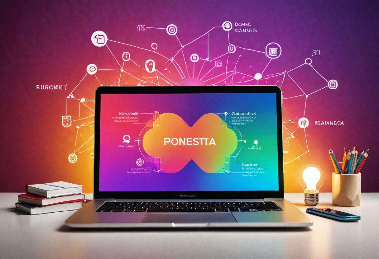 A visually striking gradient background depicting a journey from a fading novice notepad to a shining pro laptop, connecting paths with snippets of vibrant blog content in various formats like text, images, and charts. Include gradient arrows showing growth and creativity, with lightbulbs representing fresh ideas. The scene should radiate inspiration and knowledge. super-realistic. vibrant colors. dynamic layout.