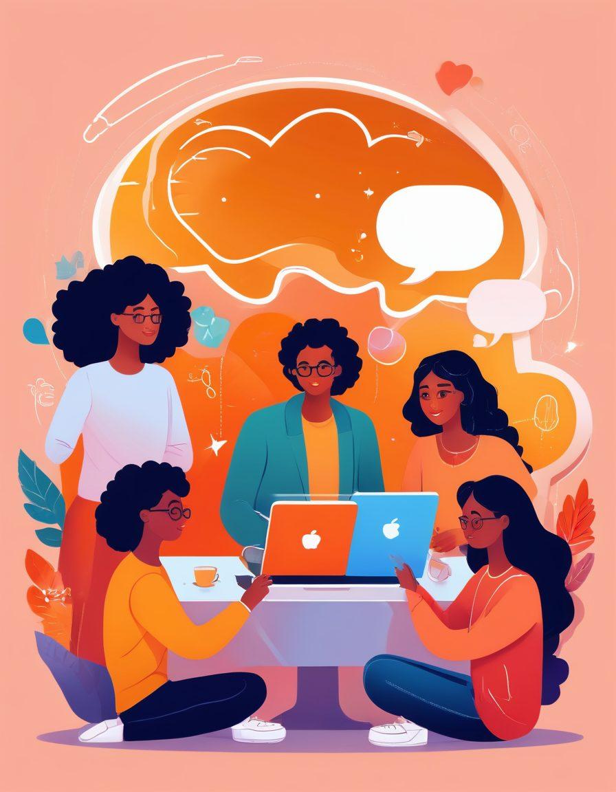 A vibrant digital illustration of a diverse group of bloggers gathered around a large glowing laptop, exchanging ideas and insights. The background features icons symbolizing community, such as speech bubbles and hearts, while glowing lines connect them, representing engagement. Include elements like coffee cups and books scattered around to suggest a cozy brainstorming session. Bright, inviting colors enhance the warm, collaborative atmosphere. vector art. vibrant colors.