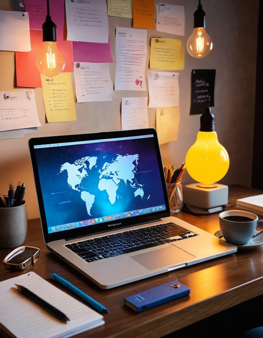 A colorful and inviting workspace filled with a laptop, notes, and a coffee cup, symbolizing the essence of blogging. In the background, there are vibrant icons representing successful blogging tips – like a light bulb, a pen, and a globe. The atmosphere is warm and inspiring, urging creativity and productivity for the TFGlobal Community. super-realistic. vibrant colors. well-composed.